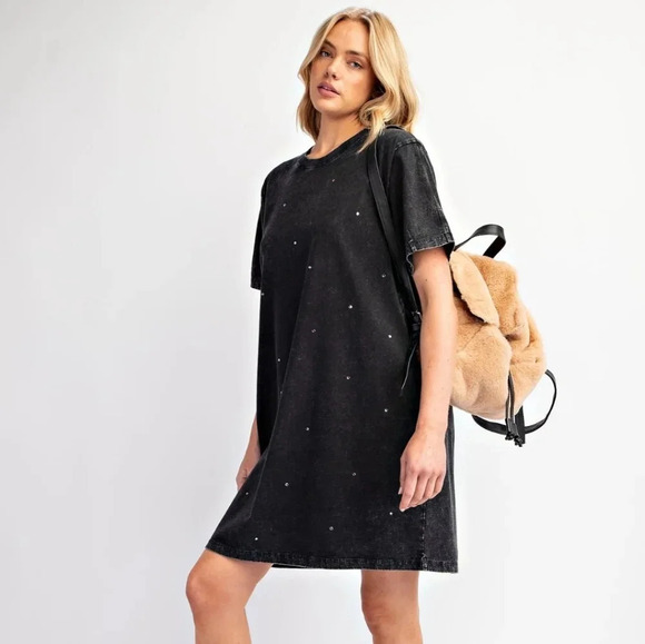 Easel Black Rhinestone Mineral Washed T-shirt Tunic Shirt Dress New - Picture 2 of 6